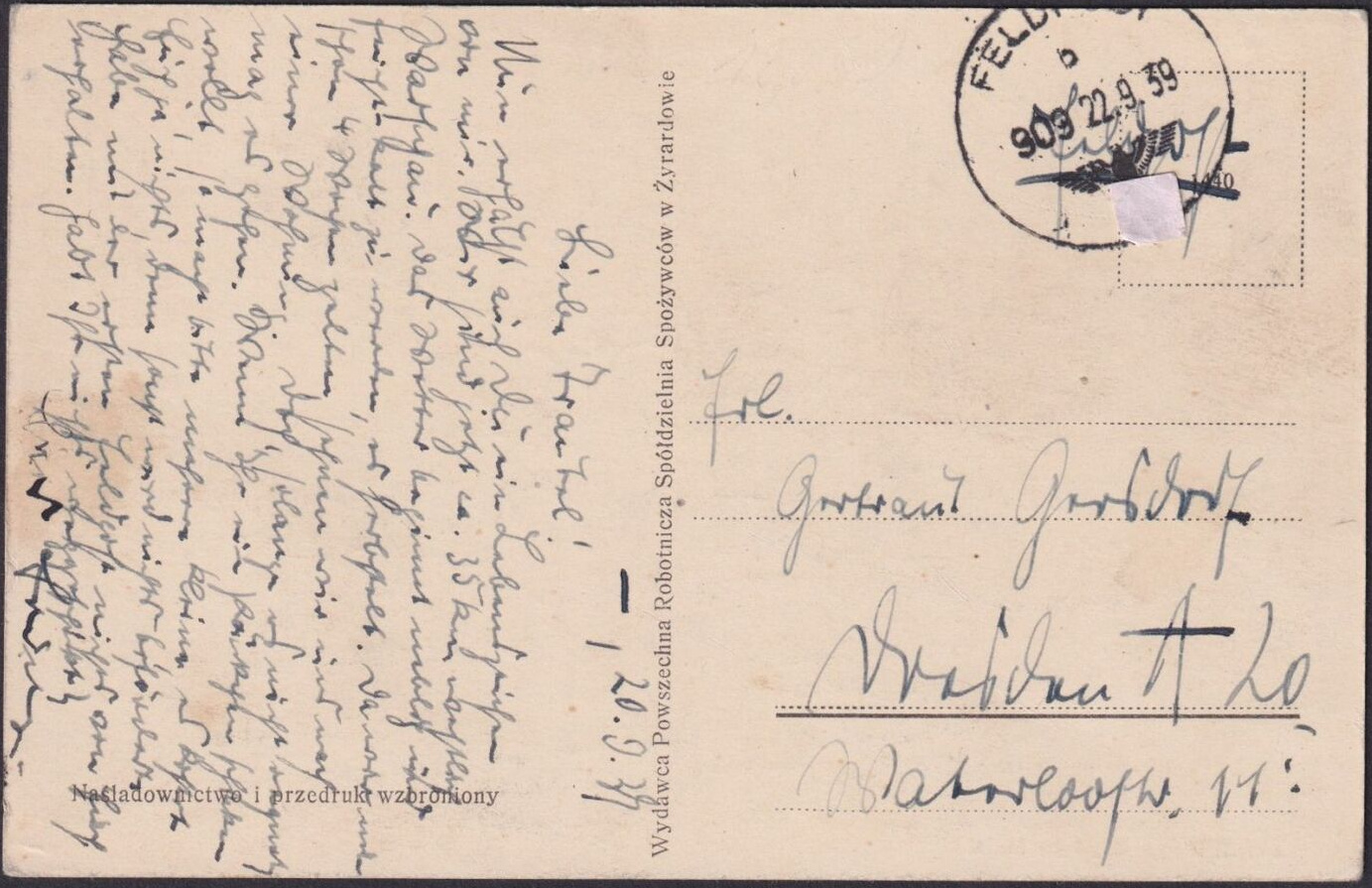 Pocztówka Plac Główny Żyrardów przed wojną tył.jpg